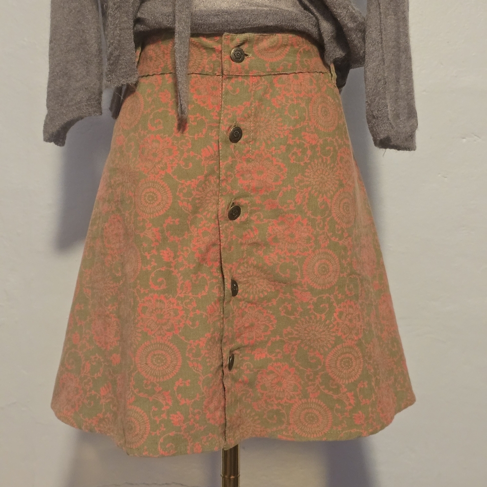 Fine Wale Corduroy Floral Print Button Front Mini Skirt M